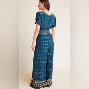 Farm Rio Anthropologie Rosewood Jumpsuit Wide Legs Ruffles in blue color Size S